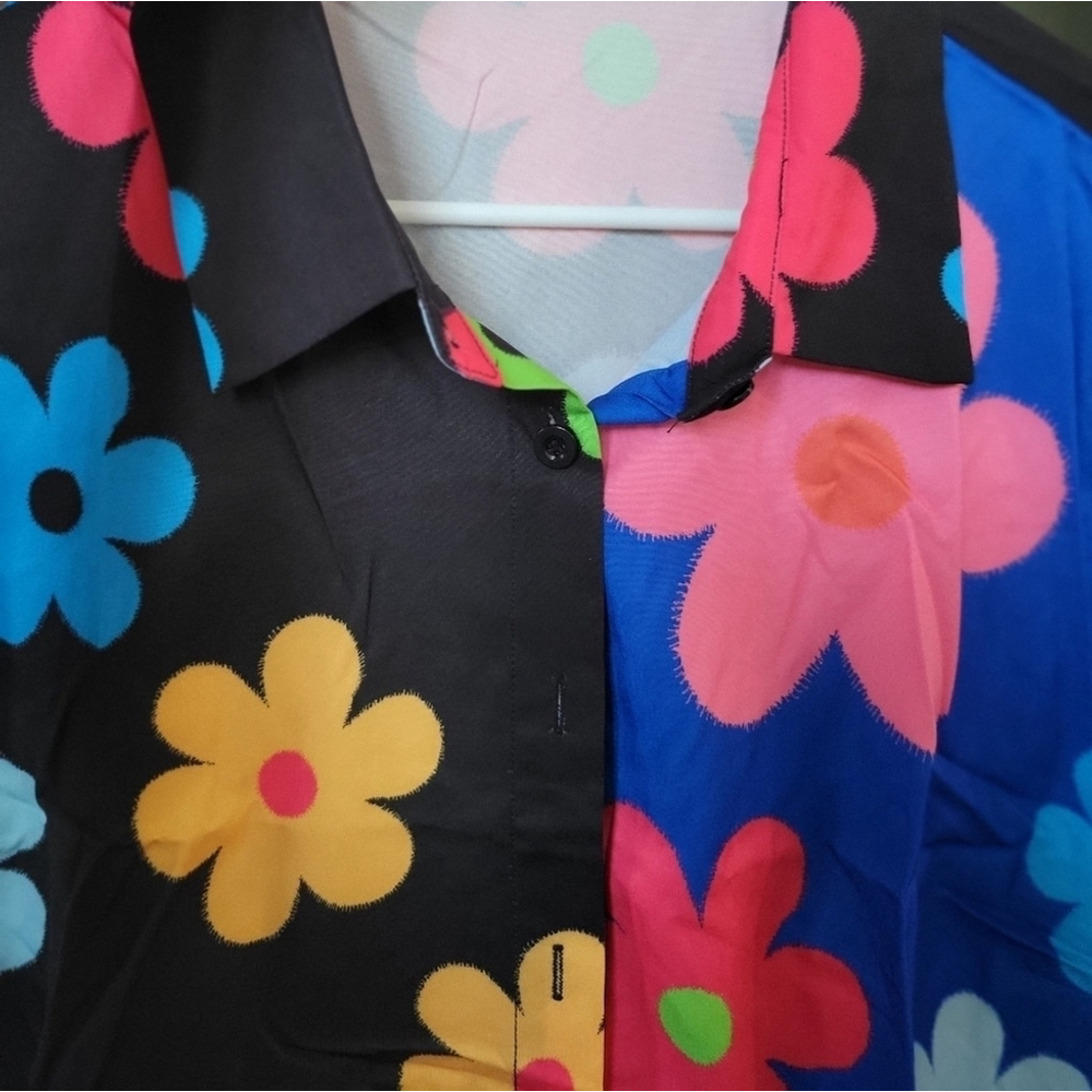 Retro Floral Split Color Button-Up Shirt – Bold Black & Blue Print 2XL - Picture 4 of 5